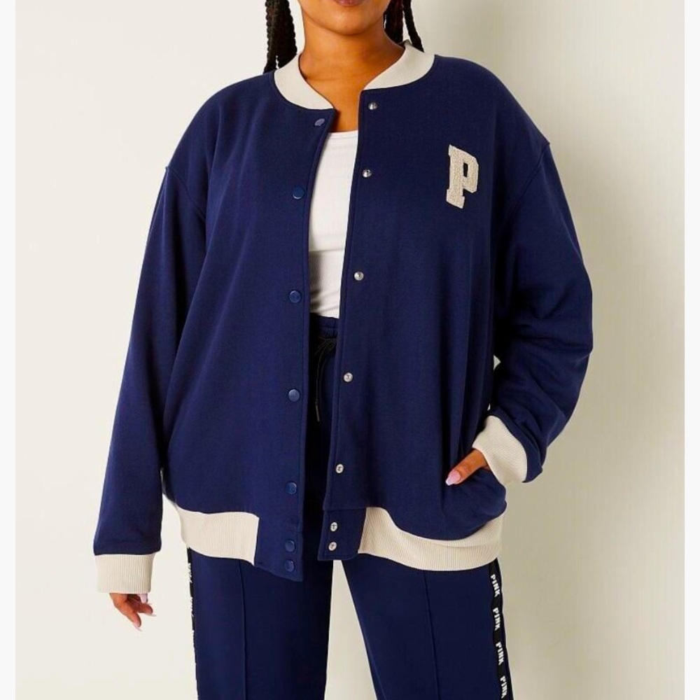 Victoria's Secret Pink Logo Varsity Jacket Navy Ensign NWT